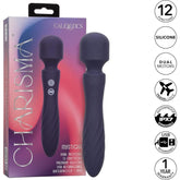A boxed Charisma Mystique Wand Massager with Flexible Head by CalExotics in dark purple appears beside the product. Icons highlight 12 functions, silicone, IPX7 waterproofing, travel lock, USB recharge, and a 1-year warranty.